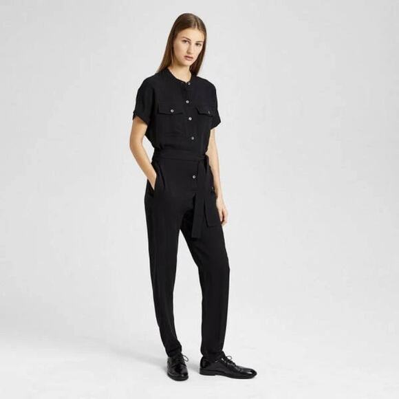 NWT Theory Women's Black Cargo Shirt Silk Jumpsuit Romper Size 4 - Picture 2 of 16
